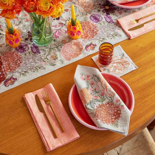 coralandtusk table linens spring botanical coral