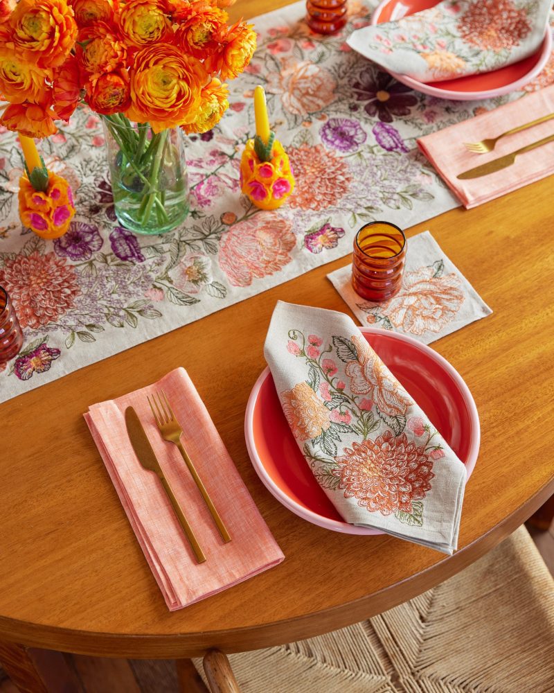 coralandtusk table linens spring botanical coral