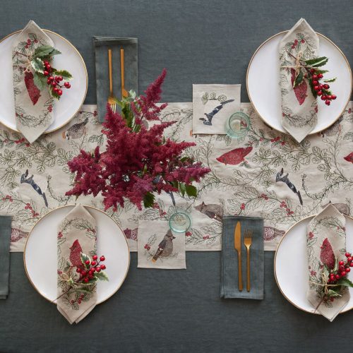 coralandtusk winter birds table linens 1