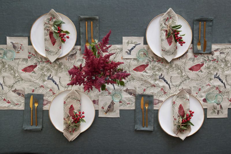 coralandtusk winter birds table linens 1