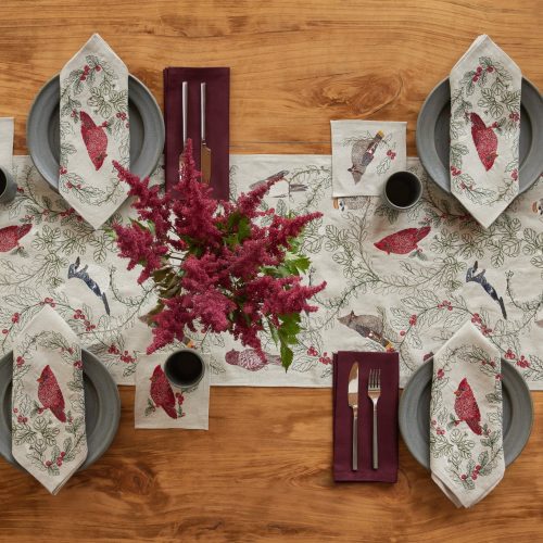 coralandtusk winter table linens birds 3