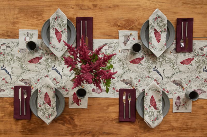 coralandtusk winter table linens birds 3